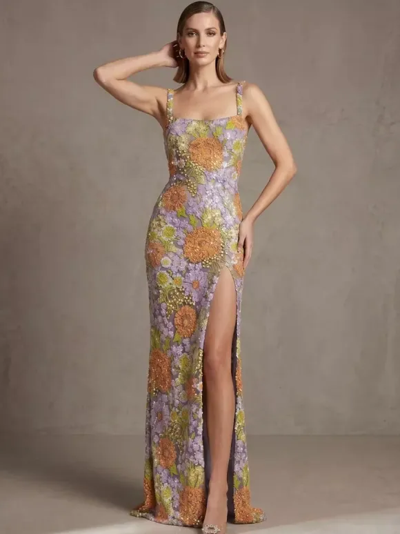 Robe de bal robe de soirée col carré dentelle longueur au sol fleurs robe de cocktail