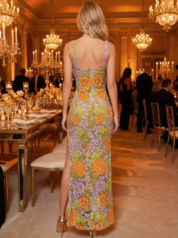 Robe de bal robe de soirée col carré dentelle longueur au sol fleurs robe de cocktail