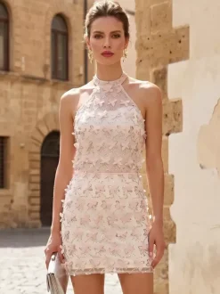 Robe de bal robe de soirée courte décolleté illusion sans manches fermeture éclair dentelle robe de soirée formelle en dentelle
