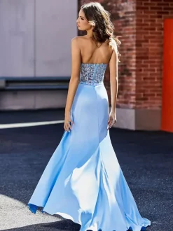 Robe de bal robe de soirée bustier zip sur dos haut en dentelle jupe fendue en satin au sol