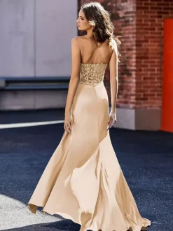 Robe de bal robe de soirée bustier zip sur dos haut en dentelle jupe fendue en satin au sol
