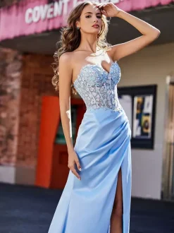 Robe de bal robe de soirée bustier zip sur dos haut en dentelle jupe fendue en satin au sol