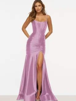 Robe de bal sirène conçue encolure élastique en soie comme du Satin plissée robes de soirée formelles