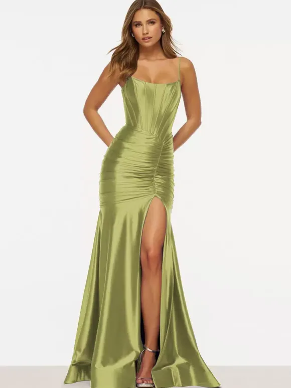 Robe de bal sirène conçue encolure élastique en soie comme du Satin plissée robes de soirée formelles