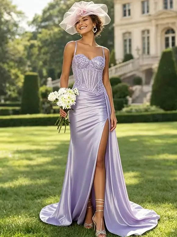 Robe de bal sirène en satin vert olive bretelles spaghetti corset transparent orné de perles fente haute longue robe de soirée