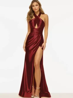 Robe de bal sirène licou en tissu satiné balayage fendu sur le devant robes de soirée sociale