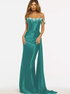 Robe de bal sirène sans bretelles balayage sans manches fermeture éclair tissu satiné robes de dîner formelles