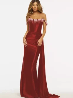 Robe de bal sirène sans bretelles balayage sans manches fermeture éclair tissu satiné robes de dîner formelles