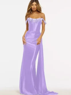 Robe de bal sirène sans bretelles balayage sans manches fermeture éclair tissu satiné robes de dîner formelles
