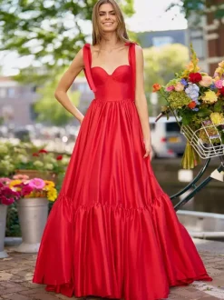 Robe de bal trapèze col en c艙ur soie élastique comme du Satin sans manches volants robes d'invitées de mariage