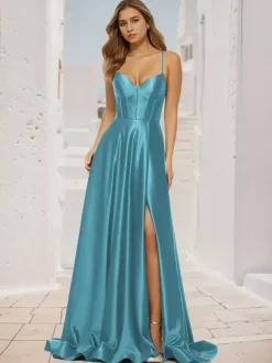 Robe de bal trapèze col en V tissu satiné balayage fendu sur le devant robes de soirée sociale