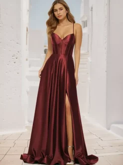 Robe de bal trapèze col en V tissu satiné balayage fendu sur le devant robes de soirée sociale