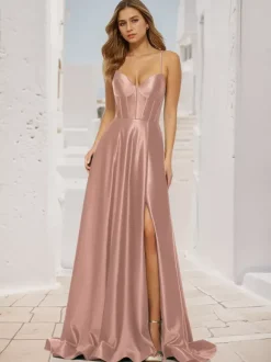 Robe de bal trapèze col en V tissu satiné balayage fendu sur le devant robes de soirée sociale