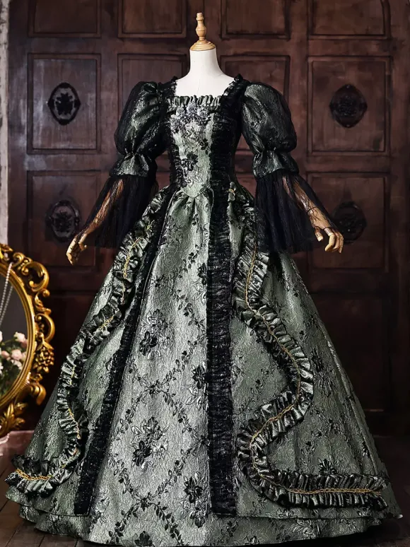 Robe de bal victorienne rococo pour femme manches bouffantes dentelle et volants style historique
