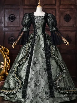 Robe de bal victorienne rococo pour femme manches bouffantes dentelle et volants style historique