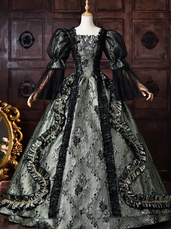 Robe de bal victorienne rococo pour femme manches bouffantes dentelle et volants style historique