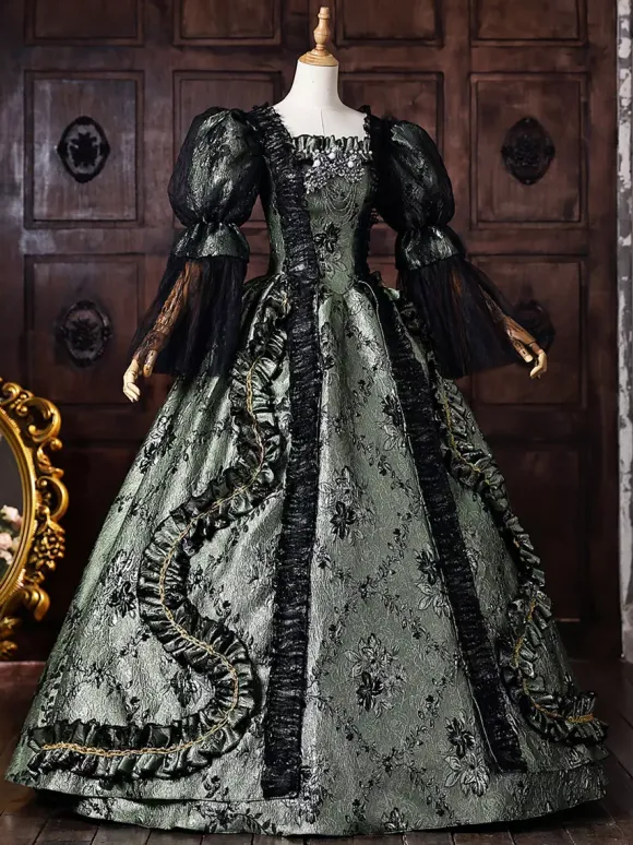 Robe de bal victorienne rococo pour femme manches bouffantes dentelle et volants style historique