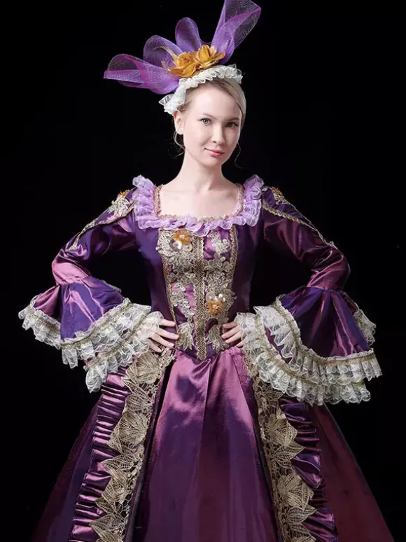 Robe de bal victorienne rococo vintage pour femme manches évasées ornées de dentelle.