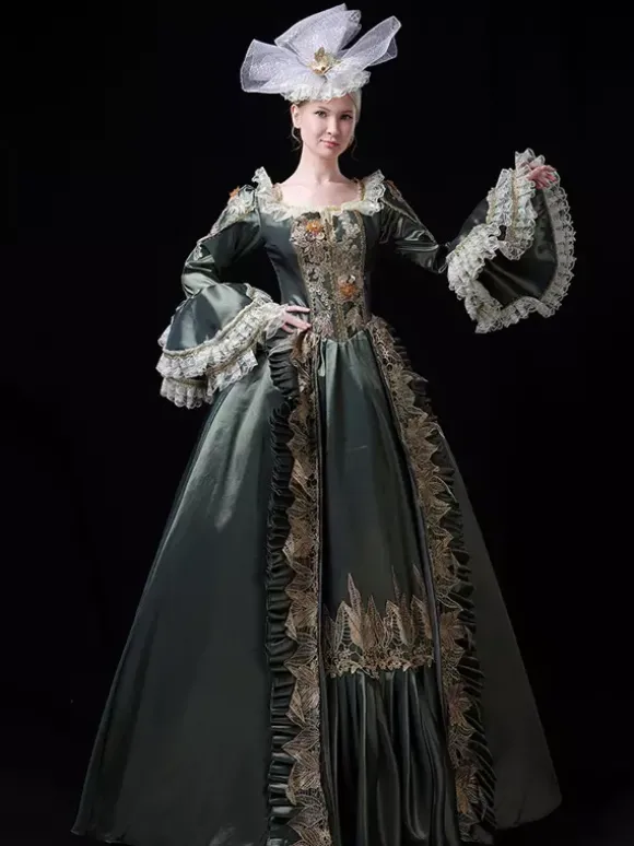 Robe de bal victorienne rococo vintage pour femme manches évasées ornées de dentelle.