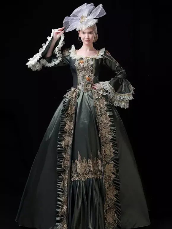 Robe de bal victorienne rococo vintage pour femme manches évasées ornées de dentelle.