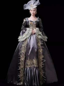 Robe de bal victorienne rococo vintage pour femme manches évasées ornées de dentelle.