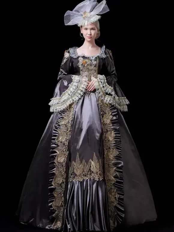 Robe de bal victorienne rococo vintage pour femme manches évasées ornées de dentelle.