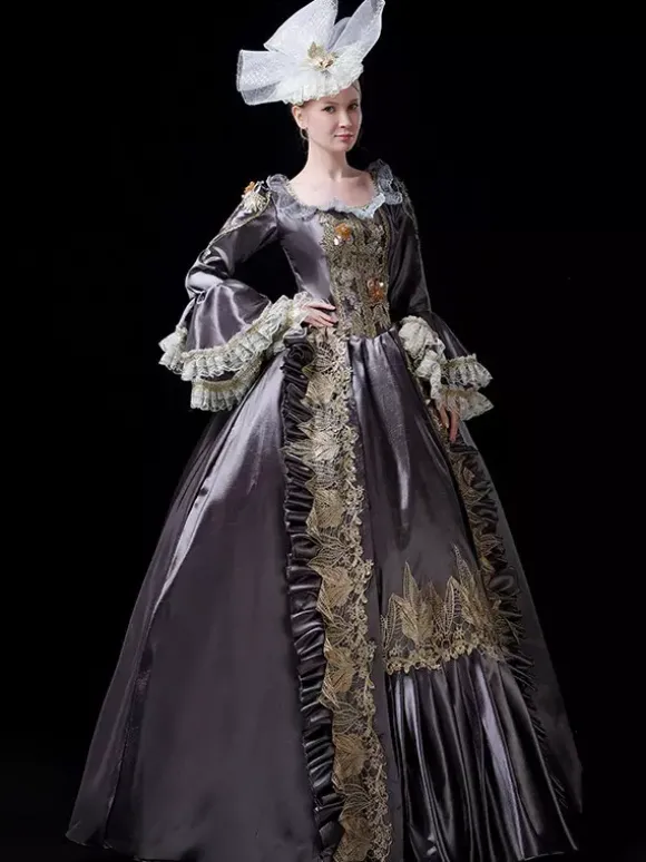 Robe de bal victorienne rococo vintage pour femme manches évasées ornées de dentelle.