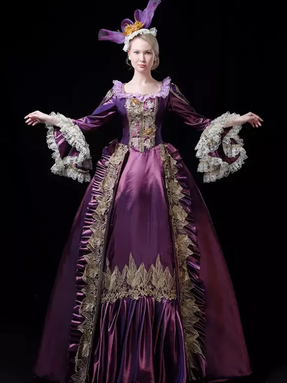 Robe de bal victorienne rococo vintage pour femme manches évasées ornées de dentelle.