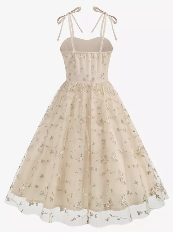 Robe de bal vintage années 1950 à fleurs pour femme - Robe midi trapèze en maille brodée et bretelles nouées - Collection été 2026