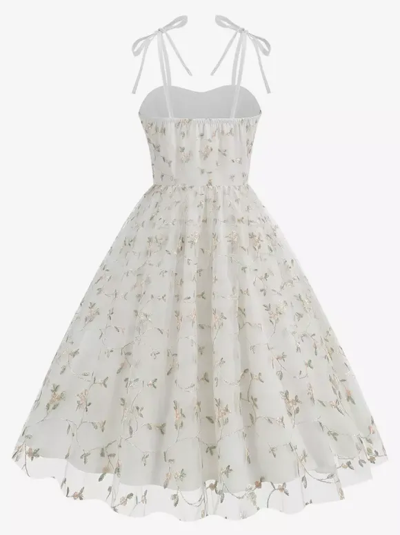 Robe de bal vintage années 1950 à fleurs pour femme - Robe midi trapèze en maille brodée et bretelles nouées - Collection été 2026