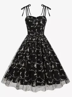 Robe de bal vintage années 1950 à fleurs pour femme - Robe midi trapèze en maille brodée et bretelles nouées - Collection été 2026