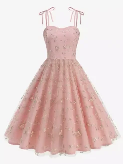 Robe de bal vintage années 1950 à fleurs pour femme - Robe midi trapèze en maille brodée et bretelles nouées - Collection été 2026