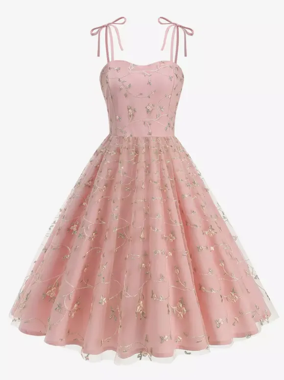 Robe de bal vintage années 1950 à fleurs pour femme - Robe midi trapèze en maille brodée et bretelles nouées - Collection été 2026