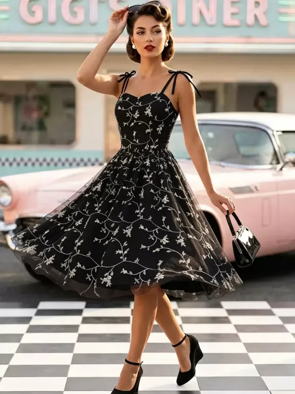 Robe de bal vintage années 1950 à fleurs pour femme - Robe midi trapèze en maille brodée et bretelles nouées - Collection été 2026