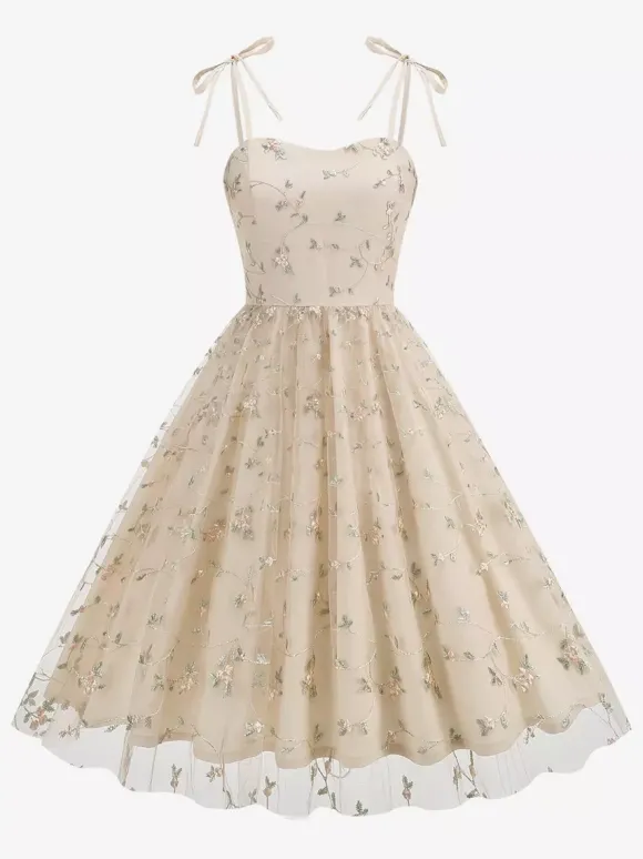 Robe de bal vintage années 1950 à fleurs pour femme - Robe midi trapèze en maille brodée et bretelles nouées - Collection été 2026