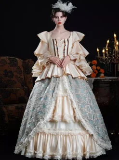 Robe de bal vintage rococo pour femme à volants et blocs de couleurs manches longues.