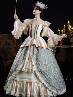 Robe de bal vintage rococo pour femme à volants et blocs de couleurs manches longues.