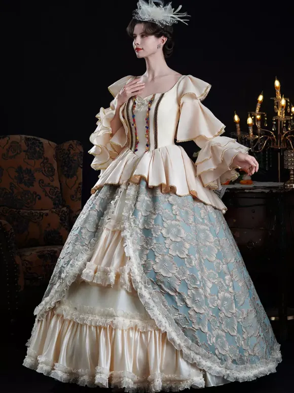 Robe de bal vintage rococo pour femme à volants et blocs de couleurs manches longues.