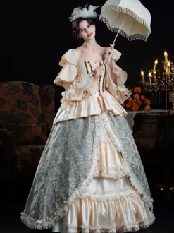 Robe de bal vintage rococo pour femme à volants et blocs de couleurs manches longues.