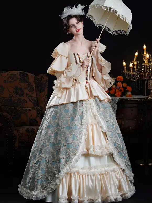 Robe de bal vintage rococo pour femme à volants et blocs de couleurs manches longues.