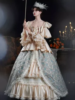 Robe de bal vintage rococo pour femme à volants et blocs de couleurs manches longues.