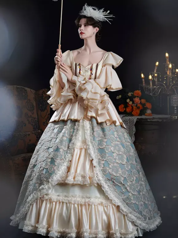 Robe de bal vintage rococo pour femme à volants et blocs de couleurs manches longues.