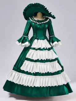 Robe de bal vintage rococo pour femme manches longues bicolore à volants.
