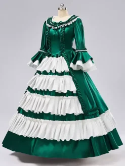 Robe de bal vintage rococo pour femme manches longues bicolore à volants.