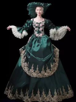 Robe de bal vintage victorienne rococo pour femme ornée de dentelle manches évasées et imprimé floral.