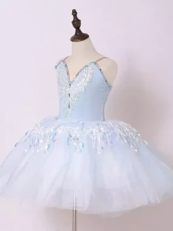 Robe de ballerine rose ballet pour petite fille col en V en polyester avec application de dentelle.