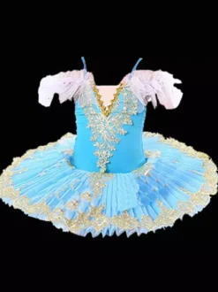 Robe de Ballet bleu ciel clair fille enfant costume ballerine à volants perles en dentelle manches courtes