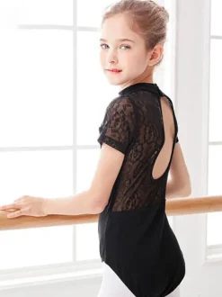 Robe de ballet noir fille ballerine enfant dentelle plissée 艙uvre dos nu mélange de coton combinaison vêtements de performance
