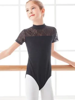 Robe de ballet noir fille ballerine enfant dentelle plissée 艙uvre dos nu mélange de coton combinaison vêtements de performance
