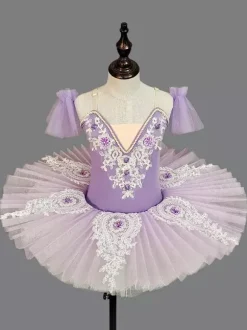 Robe de ballet pour filles lavande en tulle superposé brodé en polyester